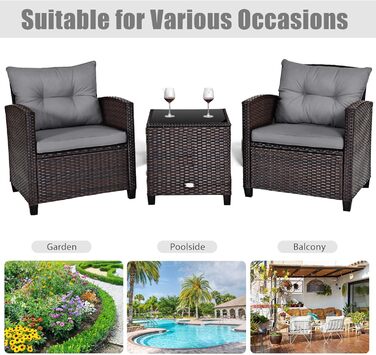 Набір садових меблів LIFEZEAL 3 предмети: 2 крісла та стіл з штучного ротангу (PE) з подушками, скляна стільниця, для тераси, балкона, саду - сірий