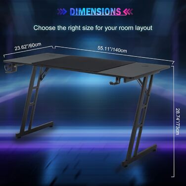 Ігровий стіл 120x60 см з А-подносінням, стіл для комп'ютера з тримачем для напоїв та гачком для навушників, карбонове покриття, стійкий, ергономічний для дому та офісу
