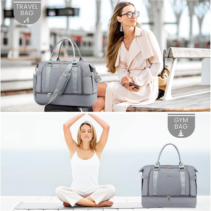 Спортивна сумка LOVEVOOK для подорожей, жіноча дорожня сумка Weekender з косметичкою, відділенням для взуття та мокрих речей, водонепроникна, 37L, сіра