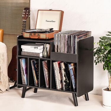 Стіл для програвача, стійка для програвача середини століття з місцем для зберігання вінілу (до 350+ платівок), шафа для вінілових платівок з регульованими полицями (Чорний)