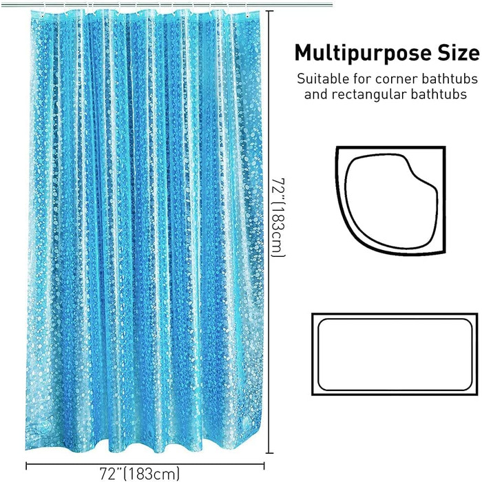 Штора для душу проти цвілі 183x183см Водонепроникна штора з ПЕВА для душу та ванни з 12 кільцями для душу (183x200см, візерунок синій камінь)