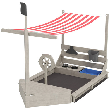 Outsunny Sandpit Sandpit Large з кришкою в дизайні корабля Грязьовик Дерев'яний вітрильний корабель Ігровий будиночок з кухнею Ігровий набір для зберігання для дітей 3-7 років Сірий 180 x 103 x 144.5 см