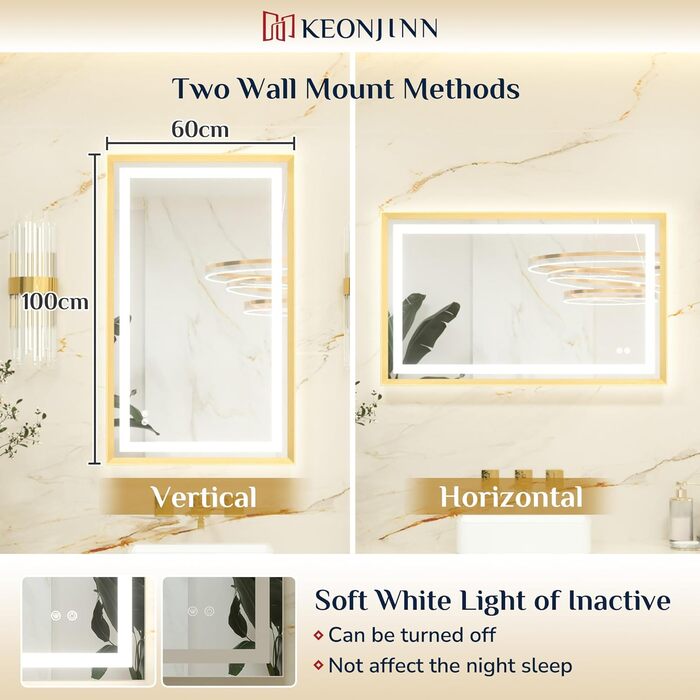 Дзеркало для ванної кімнати Keonjinn з підсвічуванням, металевий каркас 50x70 см, LED, без запотівання, сенсорне керування, 3 кольори світла, регулювання яскравості, пам'ять, настінне дзеркало (Золото, 60x100 см)