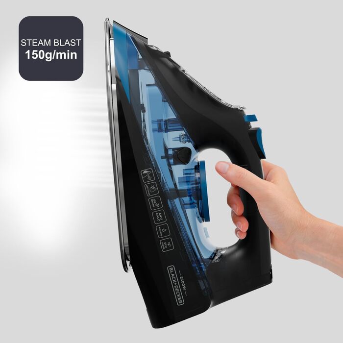 Праска Black+Decker BXIR2606E: 2600W, керамічна підошва, 150 г/хв, антикальк, вертикальне прасування