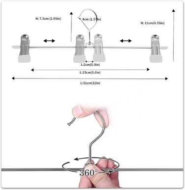 Металева вішалка для брюк, протиковзка, поворотний гачок на 360, 31 см, сріблясто-білий, AIY0420W, 20 шт.