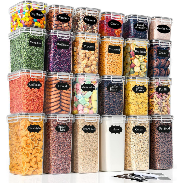Набір контейнерів для зберігання GoMaihe (24 шт) з герметичними кришками: контейнери для продуктів з етикетками та маркером | Коробки для зберігання на кухню для мюслі, борошна, кукурудзяних пластівців та цукру | Без BPA | Можна мити в посудомийній машині