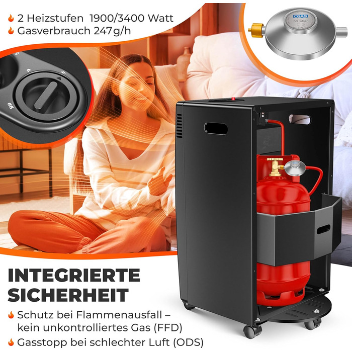 Газовий нагрівач KESSER®: газовий камін-нагрівач, 3.4 кВт, інфрачервоний, 2 режими, з регулятором та шлангом, чорний