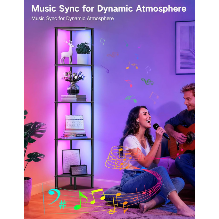 LED торшер з полицею, 3 режими світла, димування сенсором та пультом, кутова полиця з 5 рівнями, вузька книжкова шафа для вітальні, спальні, офісу (Чорний з RGB)