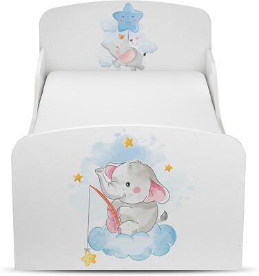 Дерев'яне ліжко Leomark з функціями для дітей - ліжко з матрацом, боковиками та ламелями, розмір спального місця 70/140 см, друк UV (Дитячий слон)