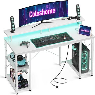 Ігровий стіл Coleshome з LED-підсвічуванням, комп'ютерний стіл з 2 розетками та 2 USB-портами, стіл для геймінгу з підставкою для монітора та місцем для зберігання, для дому та офісу (білий, 120x50 см)