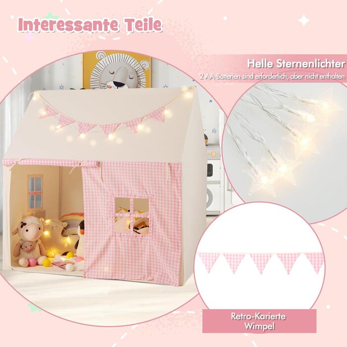 Дитячий намет GOPLUS з м'яким килимком, зірочками та китицями, ігровий будиночок для дому та вулиці з вікнами, дверима та кишенями, для дітей від 3 років (Рожевий)