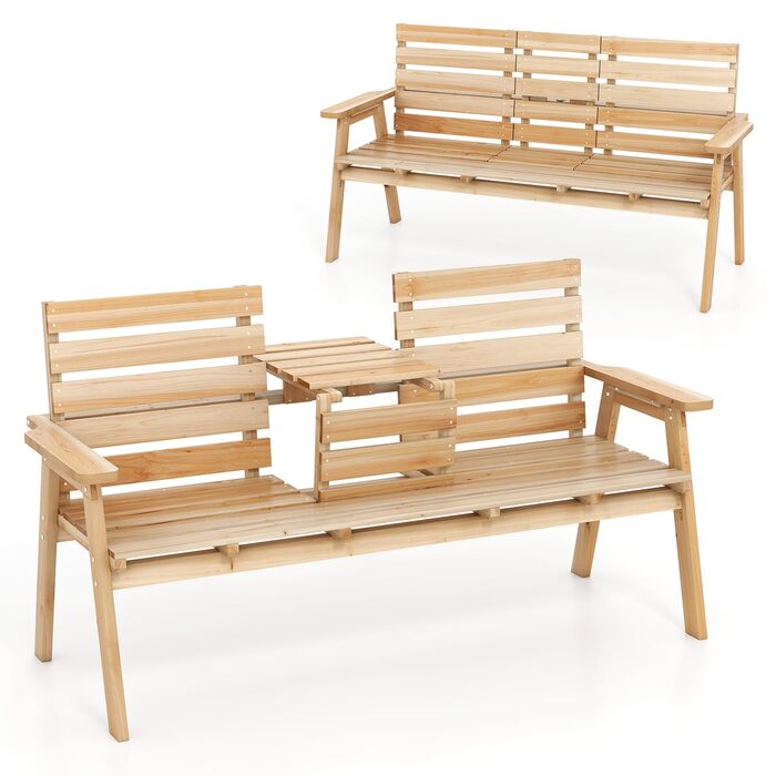 Лавка для саду COSTWAY з журнальним столиком, дерев'яна лавка на 2-3 особи, міцна лавка для тераси, балкону та саду, до 320 кг, 160 x 64 x 86 см, колір: натуральний