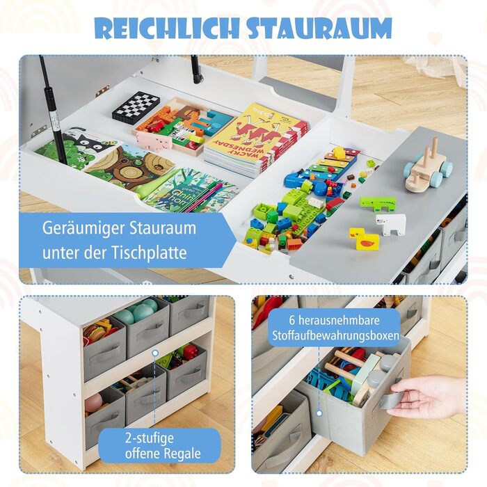 Дитячий стіл COSTWAY 3 в 1 з 2 стільцями, активний стіл-мольберт з підйомною стільницею, набір кольорів, 6 тканинних контейнерів та рулон паперу, сірий, 109x60x55 см