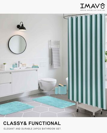 Набір аксесуарів для ванної кімнати IMAVO, 9 предметів: сміттєвий бак, дозатор мила, мильниця, тримач для зубних щіток, стакан для зубних щіток, тримач для унітазного йоржика, диспенсер для ватних паличок (Блакитний, 26 предметів + шторка для душу з факту