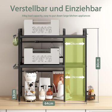 Регульована полиця для мікрохвильової печі NETEL 3-ярусна, чорна, висувна 40-60 см, з кошиками