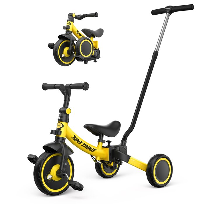 Бесрей 5-в-1 Дитячий Біговел, Триколісний Велосипед для Малюків 1-4 Років (Жовтий з Ручкою)