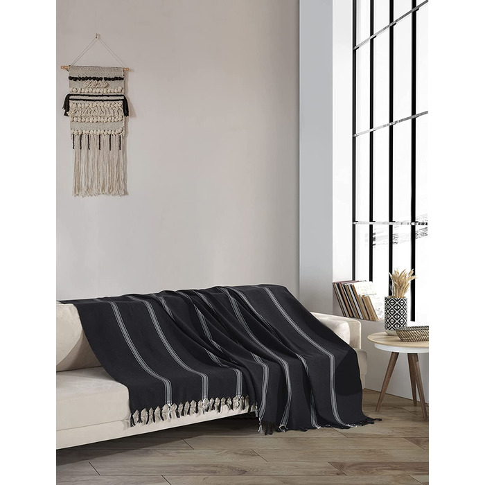 Покривало BOHORIA Oblique XXL 200x230 см / 100 бавовна / Oeko-Tex / покривало для ліжка ковдра для вітальні розкладна ковдра для дивана з малюнком дуже велика (200 х 230 см, класичний обсидіан)