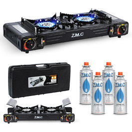 Преміум газовий набір для кемпінгу ZMC з 2 конфорками, 2,5 кВт, Piezo-запалювання, валіза для транспортування. Ідеально для відпочинку на природі, балкону та дому. Включає гриль-плиту 45×24 см та 227г газові картриджі.