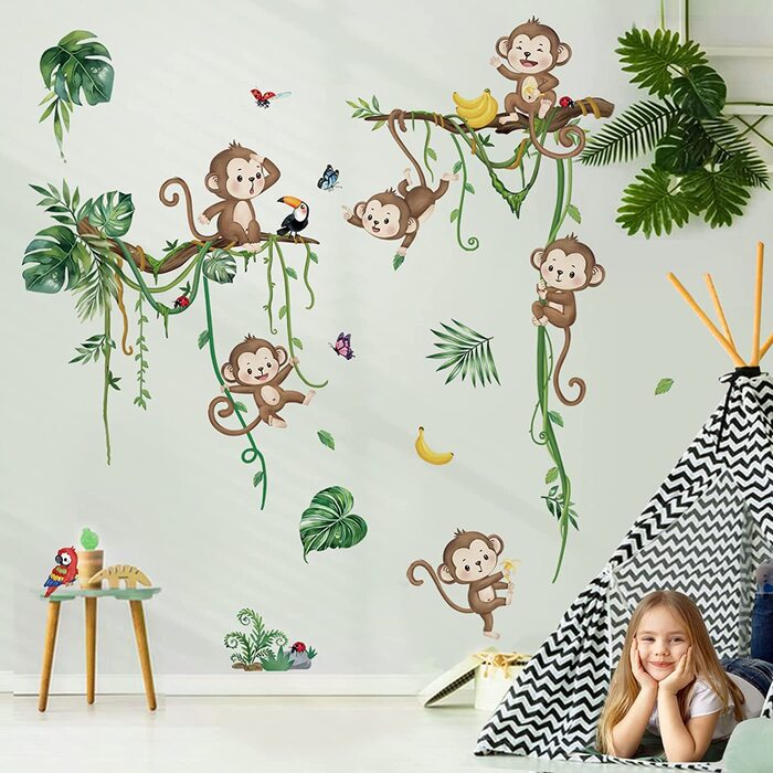 Наклейка на стіну із зображенням мавпи, тварин, джунглів, виноградних лоз, наклейка на стіну із зображенням мавпи, дерева, гілок, листя, наклейка на стіну, дитяча кімната, дитяча кімната