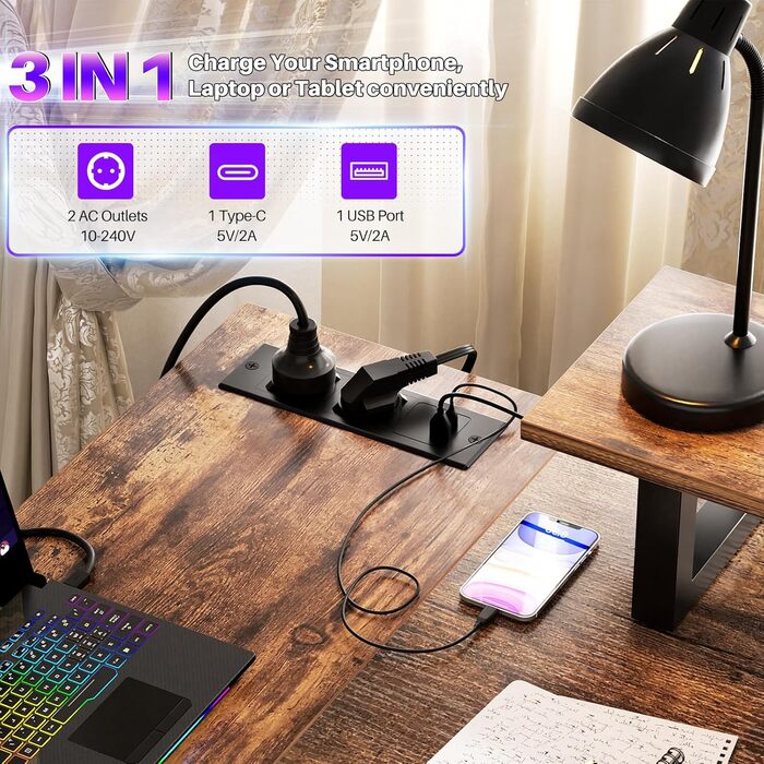 Кутовий ігровий стіл з LED-підсвіткою та розетками, 120x70 см, колір: сіра береза (рустикальний коричневий)