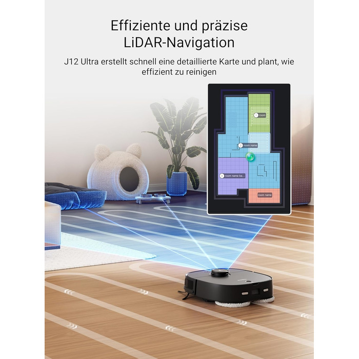 Робот-пилосос EUREKA J12 Ultra з функцією миття підлоги (самостійне очищення, миття та сушка), потужність всмоктування 5000Pa, обертова функція миття, Dual-LiDAR навігація, 3D уникнення перешкод, білий (чорний)