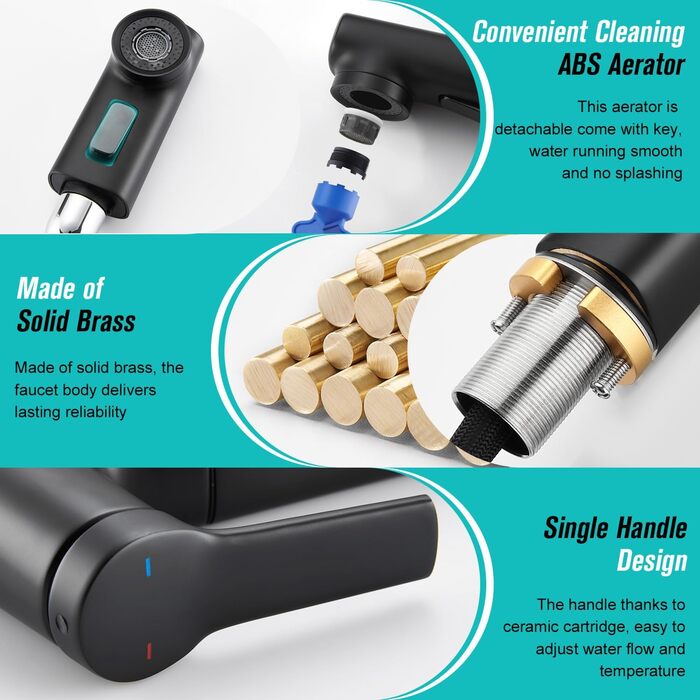 Сучасний змішувач для ванної кімнати CREA з висувною лійкою, 2 режими струменя, одноlever, з міді з хромовим покриттям (чорний)