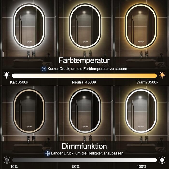 Дзеркало для ванної кімнати Trintion з підсвічуванням, овальне, 50x70 см, з годинником та сенсорним вимикачем, протизапотівальне, регульоване, 3 кольори світла (3500K-6500K)