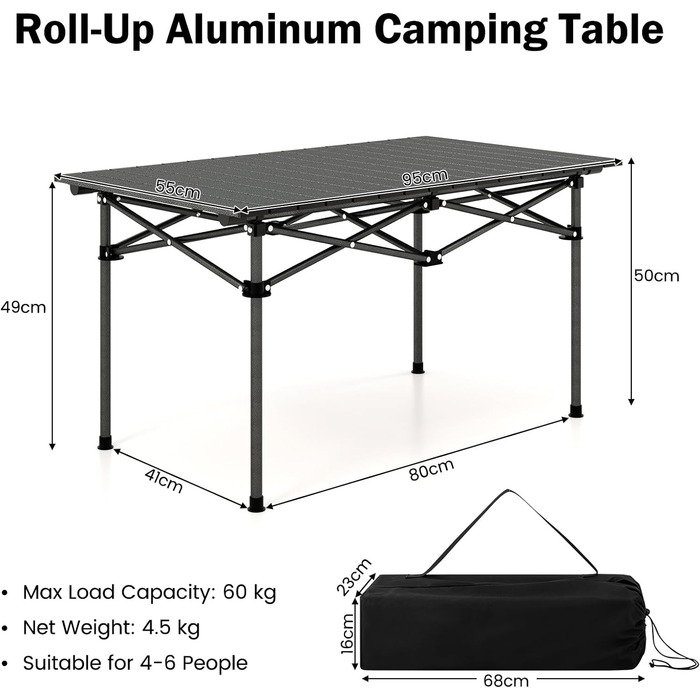 Розкладний кемпінговий стіл, Портативний розкладний стіл з сумкою для перенесення, Алюмінієвий стіл для пікніка на 4 персони, 95 x 55 x 50 см, Розкладний стіл для кемпінгу, пікніка