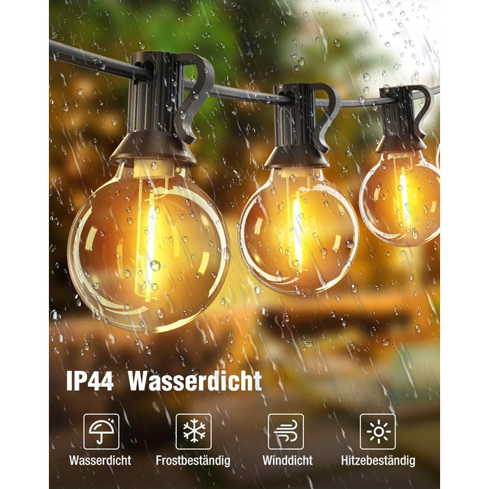 LED гірлянда для декорування саду та тераси, 15 метрів, тепле світло, G40, з таймером та димером, вологостійка