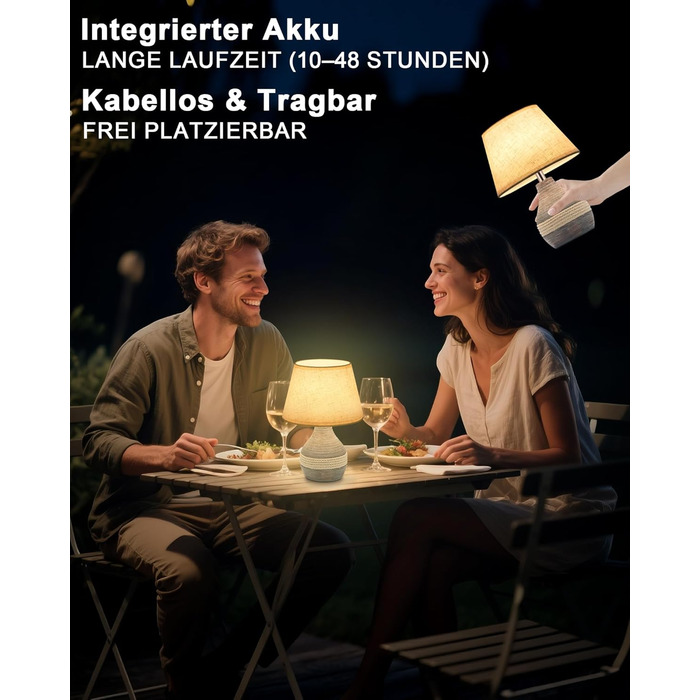 INTELIVE Бездротова керамічна настільна лампа з таймером, димером, лляним абажуром та пультом дистанційного керування. Акумуляторна, сучасний дизайн Mid Century.