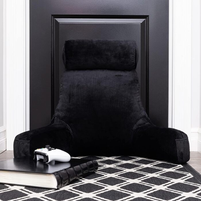 Подушка для чоловіків - сіра, велика, з підлокітниками для читання та відпочинку в ліжку - висока спинка з преміум-піною Memory, знімний валик для шиї на Bungee - середній розмір, оригінальна версія, чорний колір