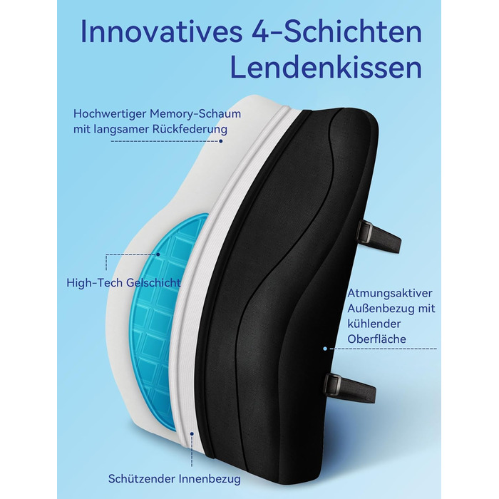 Подушка для спини Ergonomisches RückenKissen Travel Ease з гелевою піною Memory Foam, для офісного крісла, з антистатичним, приємним до шкіри чохлом, для комфортної посадки (Чорний)