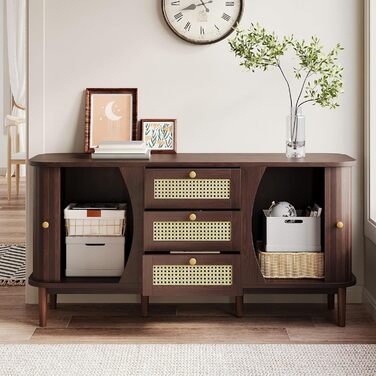 Комод з подвійними дверцятами та 3 шухлядами, дерев'яний, 140x40x76 см, стиль F, темно-коричневий