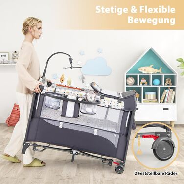 Дитяче ліжко-манеж DREAMADE 5 в 1 з матрацом, з колесами та пеленальним столиком, з музичною іграшкою, 110x76 см, для новонароджених, з сумкою для перенесення (зелений, кольоровий)