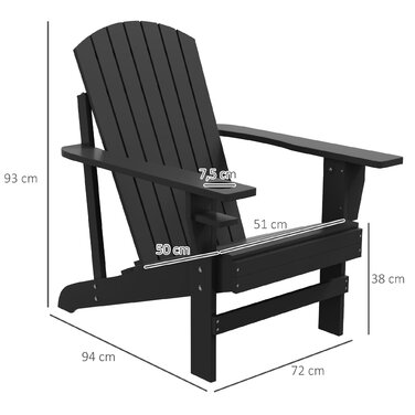 Садове крісло Outsunny Adirondack з підсклянником, масив дерева, чорний, 72.5 x 97 x 93 см, ідеально підходить для саду та балкона