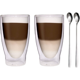 Келихи для макіато з подвійними стінками / келихи для коктейлів / келихи для чаю з льодом / келихи для соку і води Filosa XL-вишукані Термальні келихи Feelino з ефектом ширяння (2 склянки по 370 мл ложка)