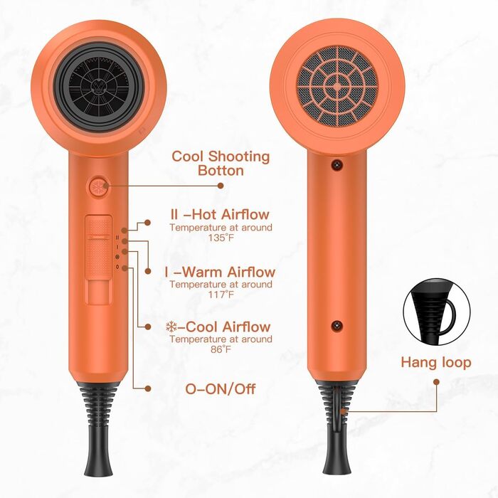 Іонний фен для волосся Slopehill 1800W для швидкого сушіння, професійний салонний фен з 3 насадками (концентратори та дифузор), 3 режимами температури та 2 швидкостями, помаранчевий