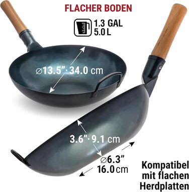 Вок YOSUKATA з вуглецевої сталі (34 см) - попередньо обпалена поверхня, плоске дно, для індукційних, газових та електричних плит (синій)