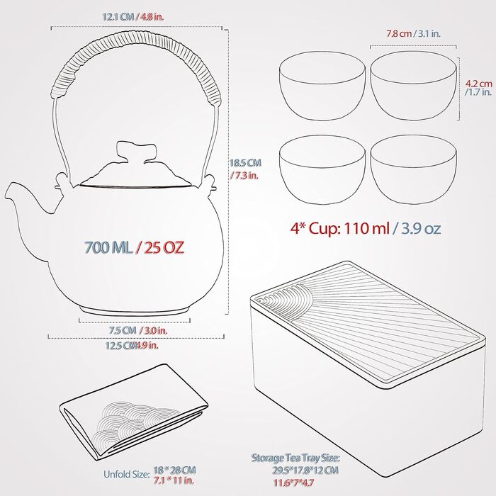 Набір для чаювання Teanagoo: чайник 700 мл + 4 чашки 205 мл, дорожній, порцеляна, сірий, з підносом