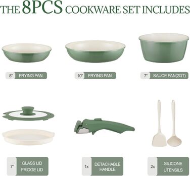 Набір каструль та сковорідок з керамічним покриттям 8 предметів з знімними ручками, сумісний з індукцією, придатний для духовки та миття в посудомийній машині, без PFAS/PFOA, кремово-білий