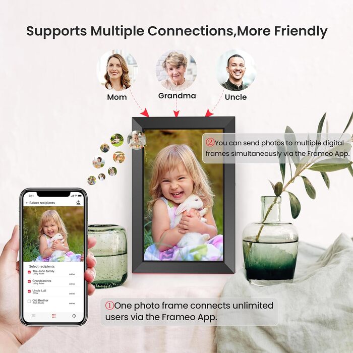 FRAMEO Цифровий фотоальбом 10.1 дюйма з Wi-Fi, IPS сенсорний екран, 32GB пам'яті, автоповорот, чорний
