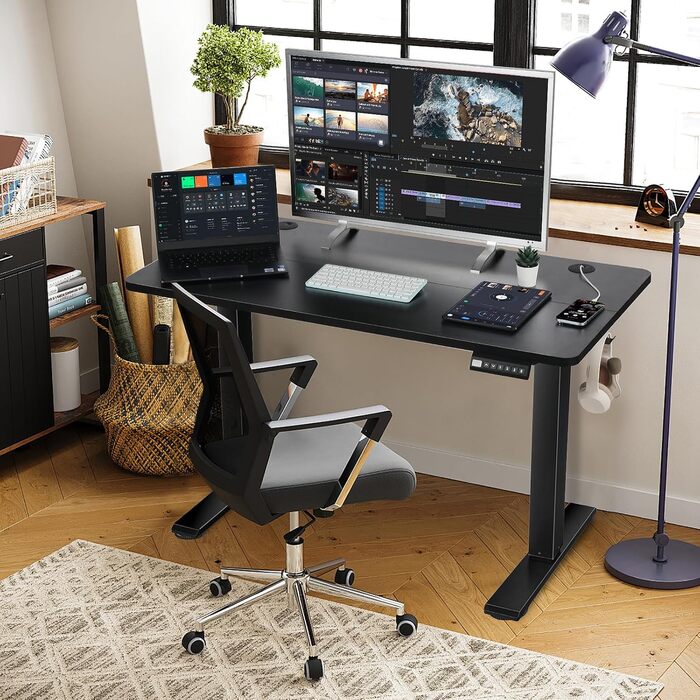 PACHIRA Електричний регульований стіл, 120x60 см, з пам'яттю та LED-дисплеєм, з гачком та кабелеуправлінням, ергономічний для дому/офісу, білий/чорний