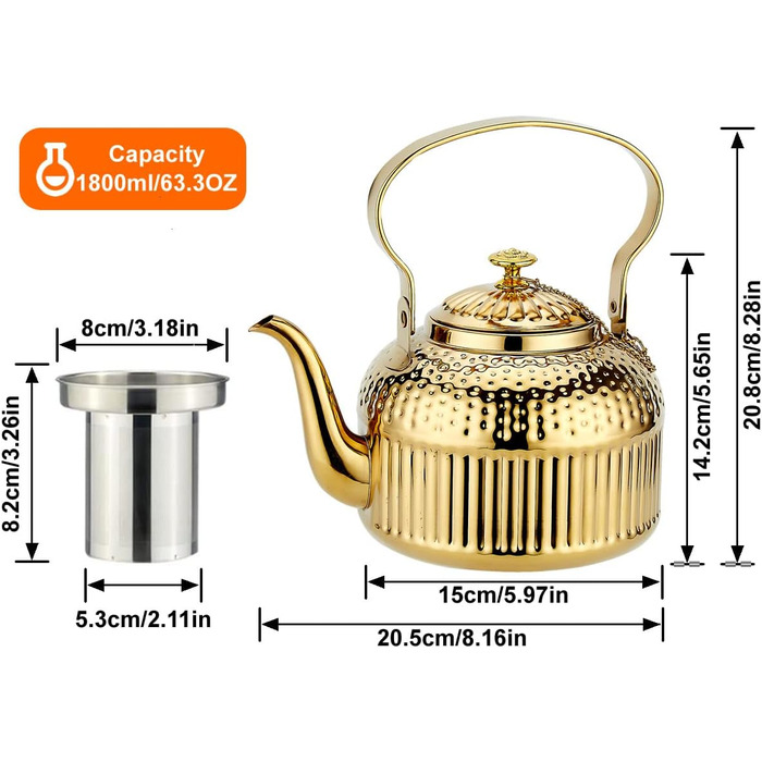 Чайник sanqiahome об'ємом 1,4 літра з нержавіючої сталі з фільтруючою вставкою, з ручкою для просіювання чаю, індукційний (Золотий, 1800 мл)