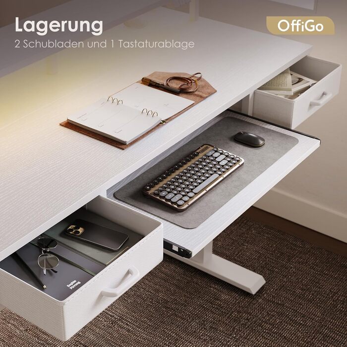 Регульований за висотою стіл OffiGo з 2 висувними ящиками та підставкою для клавіатури, 120 см. Електричний стіл з підставкою для монітора, RGB підсвічування та розетками, білий (120 x 54 см)