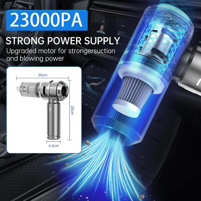Бездротовий портативний автомобільний пилосос, потужний циклонний міні-пилосос 23000Па з USB-зарядкою для авто, дому та офісу, сріблястий