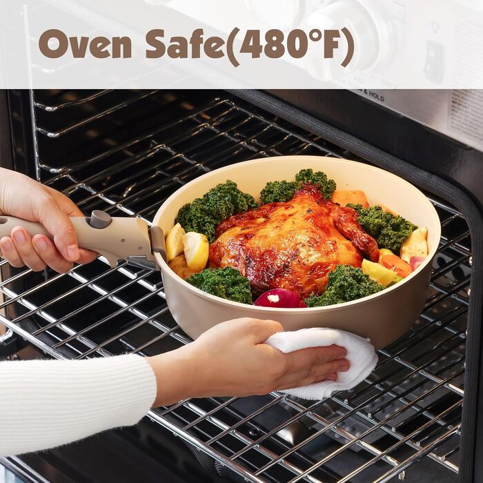 Набір посуду SENSARTE з керамічним покриттям, 17 предметів. Антипригарне покриття, знімні ручки, підходить для всіх типів плит, безпечний для миття в посудомийній машині та духовки. Без PFAS, PTFE, PFOA, PFOS (Бежевий)