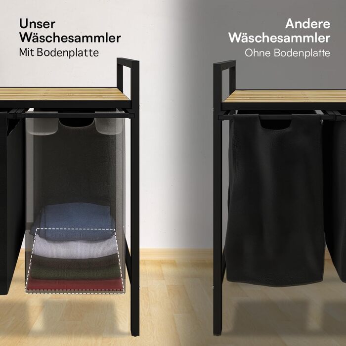 STEELSØN Сортувальник для білизни Rigil з 2 відділеннями та бамбуковою полицею – кошик для білизни на 2 контейнери по 45 л, чорного кольору – металевий сортувальник білизни з висувними мішками – контейнер для брудної білизни з 2 відділеннями та полицею