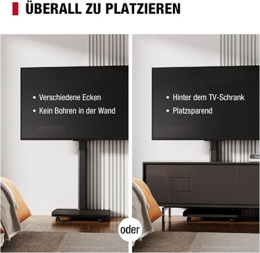 Підставка для телевізора на колесах з полицею, чорна, поворотна, регульована по висоті, VESA 400x400, для телевізорів 32-65 дюймів