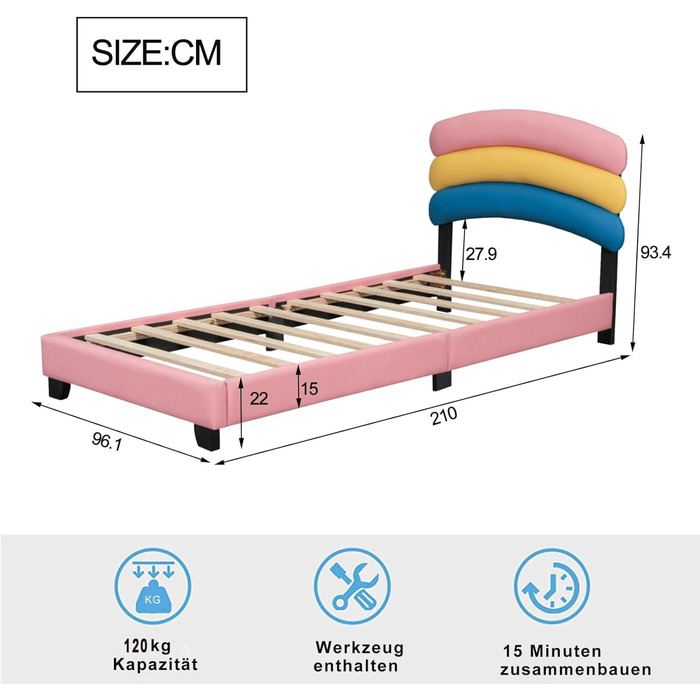 Дитяче ліжко fortuna Lai 90x200см, ліжко з м'якою оббивкою для дівчинки з рейковим каркасом, райдужна форма, молодіжне ліжко, PU шкіра, рожеве 90x200см рожеве