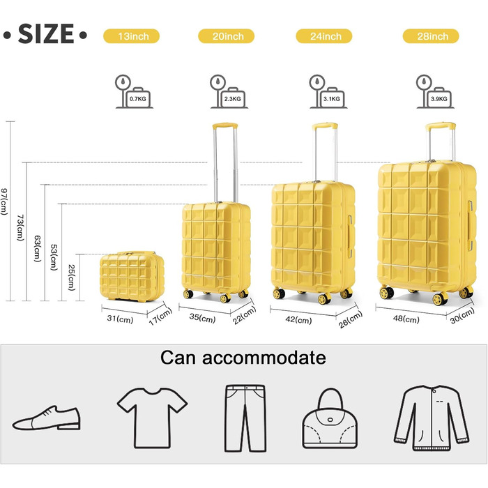Набір валіз KONO 4 шт. з ABS, з TSA замком, жовтий (M, L, XL)